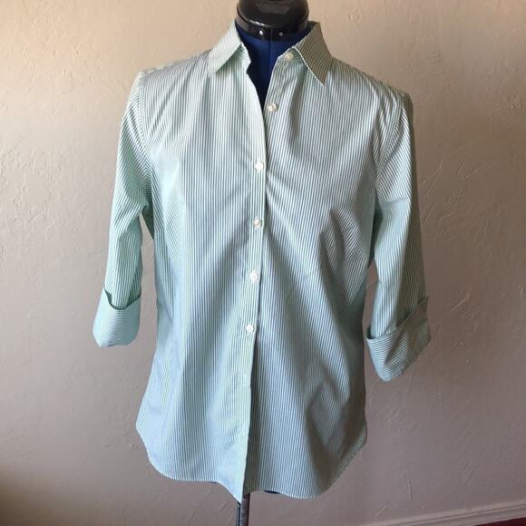 Land’s End Wrinkle Free Striped 3/4 Sleeve Dress Shirt - Picture 2 of 10